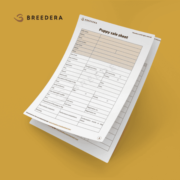 Image showing a 'Puppy sale sheet' from BreederA. The sheet includes fields for seller and buyer information, date of sale, registration details, and proposed use of the puppy or dog. The sheet is laid out on a light yellow background, with the BreederA logo visible in the top left corner.