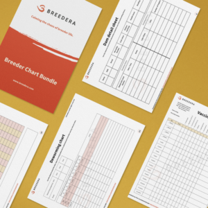 Image displaying various documents from BreederA's 'Breeder Chart Bundle.' The bundle includes a cover page with the title and BreederA logo, and several charts including a 'Dam details sheet,' 'Deworming chart,' and 'Vaccination schedule.' The documents are laid out on a mustard yellow background.