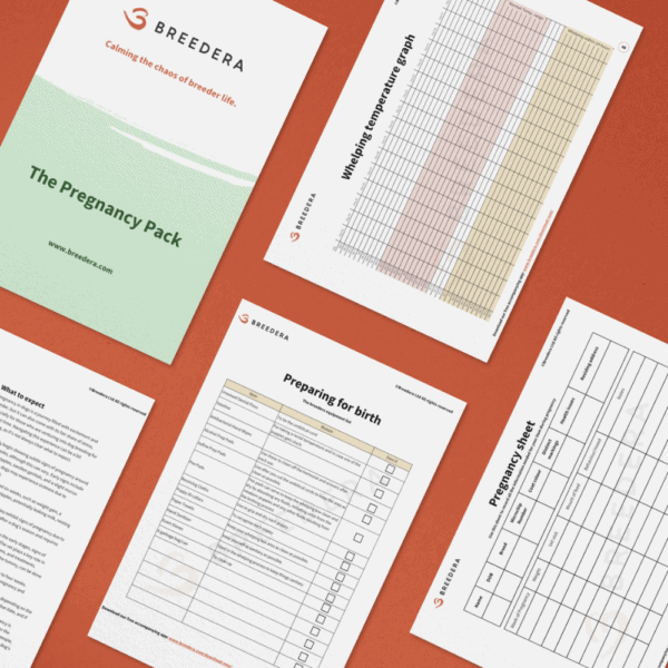 Image displaying various documents from BreederA's 'The Pregnancy Pack.' The bundle includes a cover page with the title and BreederA logo, and several charts and checklists, such as 'What to expect,' 'Whelping temperature graph,' 'Preparing for birth,' and 'Pregnancy sheet.' The documents are laid out on an orange background.