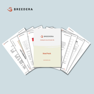 Image displaying a brochure for BreederA titled 'Stud Pack.' The cover of the brochure features the BreederA logo and the slogan 'Calming the chaos of breeder life.' Behind the cover, various informational sheets are partially visible, including 'Dog pedigree chart,' 'Stud breeding checklist,' and 'Health checks' form. The pages are laid out on a light blue background.