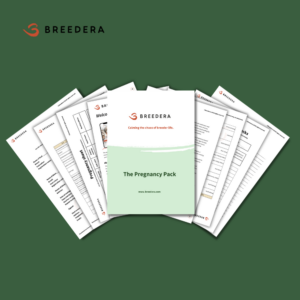 Image displaying a brochure for BreederA titled 'The Pregnancy Pack.' The cover of the brochure features the BreederA logo and the slogan 'Calming the chaos of breeder life.' Behind the cover, various informational sheets are partially visible, including a 'Pregnancy chart,' 'Health checks,' and a 'Welcome' page. The pages are laid out on a dark green background.