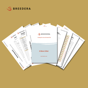Image displaying a brochure for BreederA titled 'A New Litter.' The cover of the brochure features the BreederA logo and the slogan 'Calming the chaos of breeder life.' Behind the cover, various informational sheets are partially visible, including a 'Suitability checklist,' 'Socialization chart,' 'Grooming chart,' 'Worming routine,' and 'Checklist.' The pages are laid out on a light brown background.