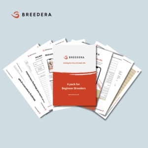 Image displaying a brochure for BreederA titled 'A Pack for Beginner Breeders.' The cover of the brochure features the BreederA logo and the slogan 'Calming the chaos of breeder life.' Behind the cover, various informational sheets are partially visible, including forms and charts related to breeding.