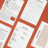 Image showing various pages from the BreederA informational pack. The pages include documents such as a 'Stud receipt,' 'Puppy feeding chart,' 'Recording health checks' form, and an 'About BreederA' page detailing information about the company and the breeding journey. The pages are laid out on a reddish-brown background.