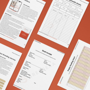 Image showing various pages from the BreederA informational pack. The pages include documents such as a 'Stud receipt,' 'Puppy feeding chart,' 'Recording health checks' form, and an 'About BreederA' page detailing information about the company and the breeding journey. The pages are laid out on a reddish-brown background.
