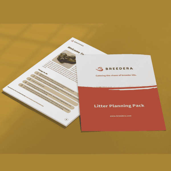 "Image displaying a brochure and document from BreederA's 'Litter Planning Pack.' The cover of the brochure features the BreederA logo, the slogan 'Calming the chaos of breeder life,' and the website address 'www.breedera.com.' Next to the brochure is an open page titled 'Welcome to Litter Planning' containing text and a small image of puppies, along with a 'Things to do' checklist. The background is a solid mustard yellow color